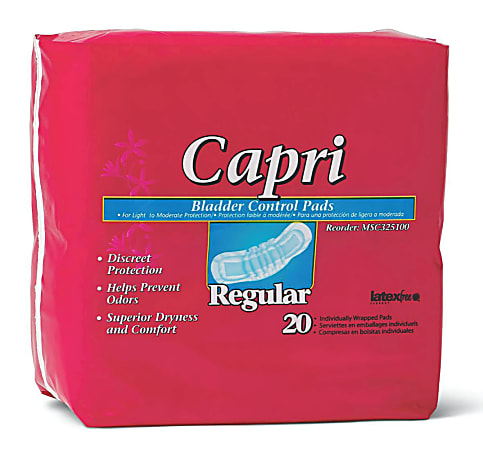 Capri Bladder Control Pads, Regular, 2 3/4" x 9 3/4", White, 20 Pads Per Bag, Case Of 9 Bags