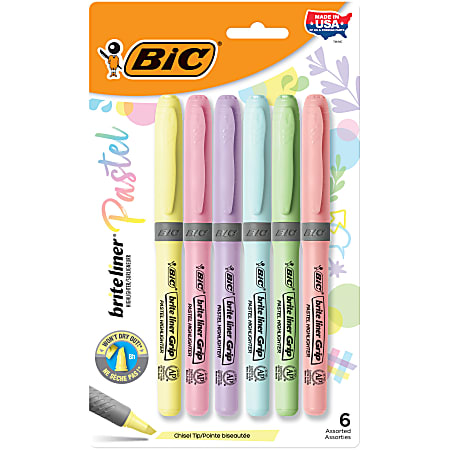BIC® Brite Liner Grip Highlighters, Chisel Tip, Assorted Barrel, Assorted Pastel Ink, Pack Of 6 Highlighters