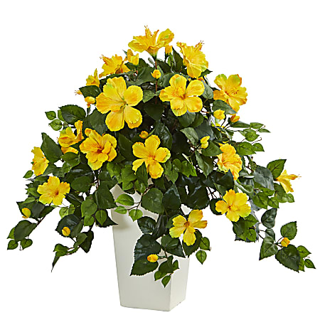 Nearly Natural Hibiscus 27" Artificial Plant With Tower Planter, Yellow/White