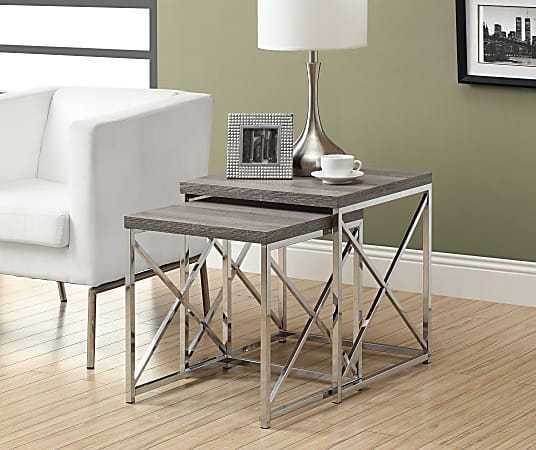 Monarch Specialties 2-Piece Nesting Table Set With Criss-Cross Legs, Square, Dark Taupe/Silver