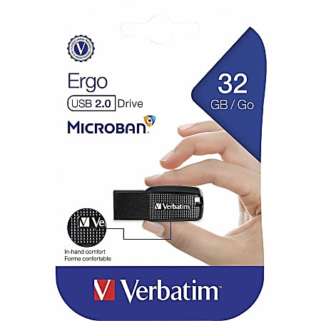 Verbatim 32GB Ergo USB Flash Drive - Black - The Verbatim Ergo USB drive features an ergonomic design for in-hand comfort and COB design for enhanced reliability.