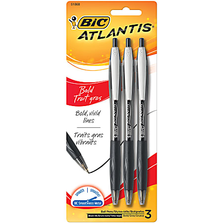BIC® Atlantis™ Bold Retractable Ballpoint Pens, Bold Point, 1.6 mm, Translucent Barrel, Black Ink, Pack Of 3