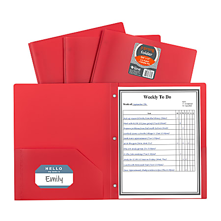 C-Line 2-Pocket Poly Folders With Prongs, Letter Size (8-1/2” x 11”), Red, Box Of 25 Folders