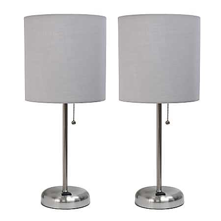 LimeLights Stick Desktop Lamps With Charging Outlets, 19-1/2", Gray Shade/Brushed Nickel Base, Set Of 2 Lamps