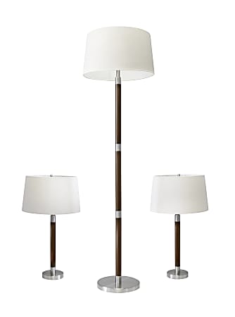 Adesso® Easton Lamps, Off-White Shades/Brushed Steel And Walnut Bases, Set Of 3