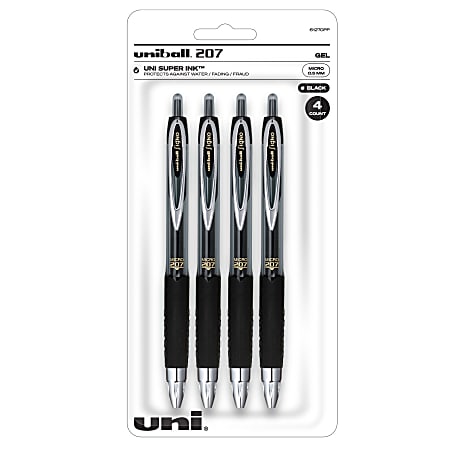 uni-ball® Signo Gel 207™ Retractable Gel Pens, Micro Point, 0.5 mm, Black Barrel, Black Ink, Pack Of 4