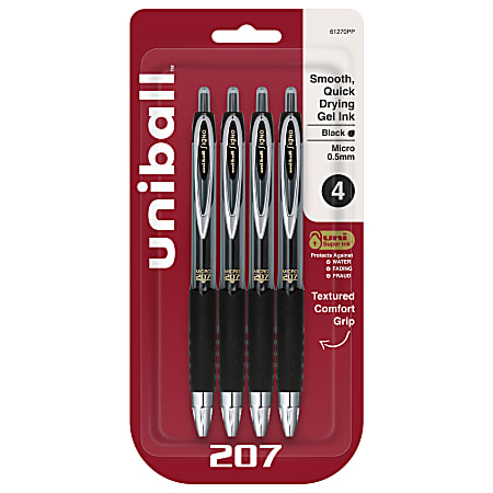 uni ball Signo Gel 207 Retractable Gel Pens Micro Point 0.5 mm Black Barrel Black Ink Pack Of 4