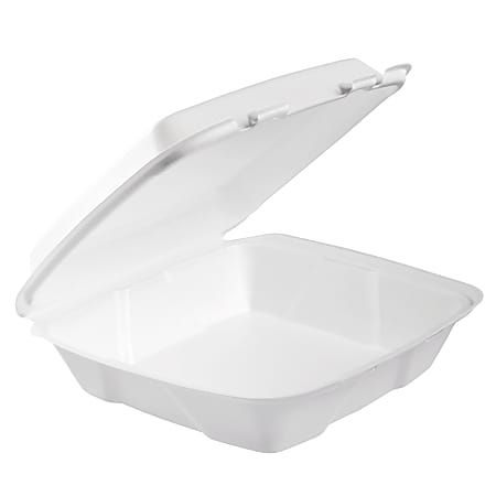Dart® Hinged-Lid Foam Containers, 3"H x 9"W x 3"D, White, 100 Containers Per Bag, Carton Of 2 Bags