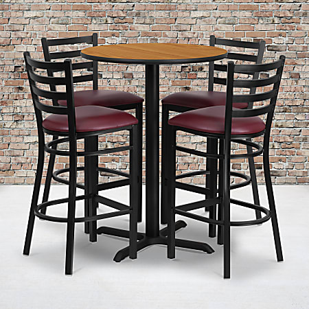 Flash Furniture Round Laminate Table Set With X-Base And 4 Ladder-Back Metal Bar Stools, 42"H x 30"W x 30"D, Natural/Burgundy