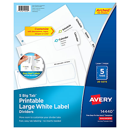 Avery® Big Tab™ Printable Large Label Dividers, Easy Peel®, White, 5 Tabs, Pack Of 20 Sets