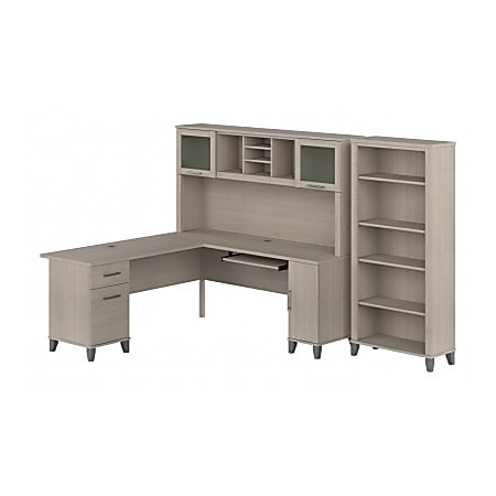 Bush Furniture Somerset 72"W L-Shaped Desk With Hutch And 5-Shelf Bookcase, Sand Oak, Standard Delivery