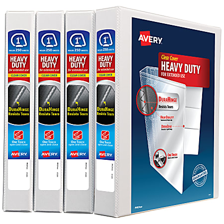 Avery® Heavy-Duty View 3 Ring Binders, 1" One Touch Slant Rings, White, Pack Of 4