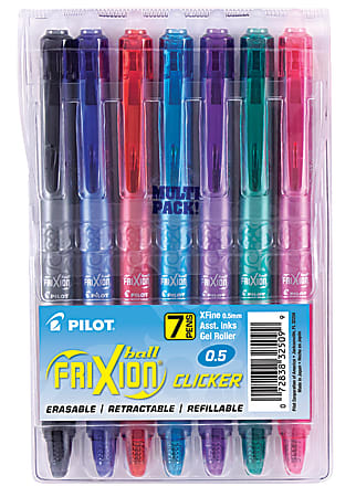 Pilot® FriXion® Ball Clicker Erasable Retractable Gel Pens, Pack of 7, Extra Fine Point, 0.5 mm, Assorted Barrels, Assorted Ink Colors