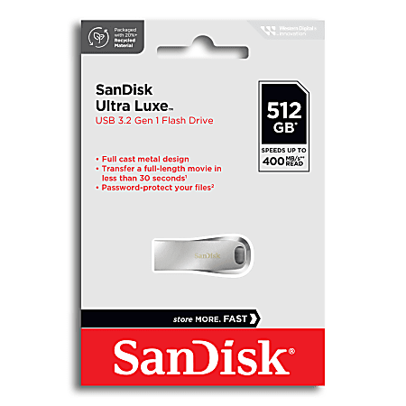 SanDisk&reg; Ultra Luxe USB 3.2 Flash Drive, 512GB, Silver
