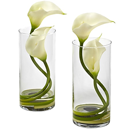 Nearly Natural Double Calla Lily 10-1/2”H Artificial Floral Arrangements With Cylinder Vase, 10-1/2”H x 4-1/4”W x 3-1/2”D, Cream, Set Of 2