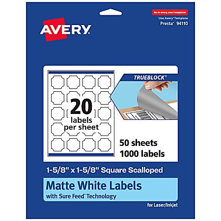 Avery® Print-To-The-Edge TrueBlock® Labels With Sure Feed®, 94110-TWMP50, Square Scalloped, 1-5/8" x 1-5/8", Matte White, Pack Of 1000