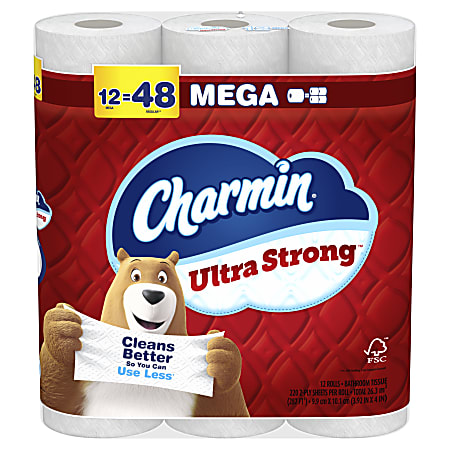 Charmin Ultra Strong Toilet Paper Mega Rolls, 4” x 3-15/16”, White, 220 Sheets Per Roll, Pack Of 12 Mega Rolls