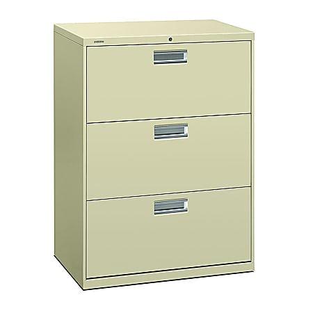 HON® 600 30"W Lateral 3-Drawer Standard File Cabinet With Lock, Metal, Putty
