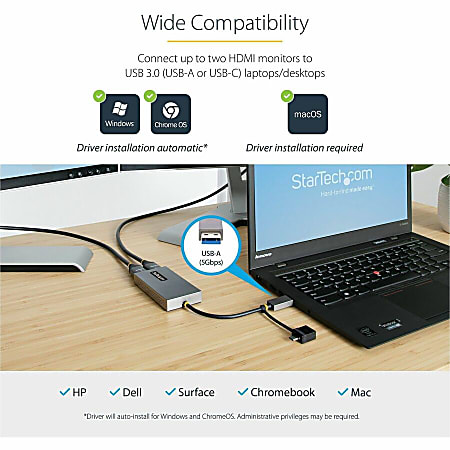 StarTech.com USB 3.0 to Dual HDMI Adapter - 4K & 1080p - External Graphics  Card - USB-A to Dual HDMI Monitor Display Adapter for Windows - Black