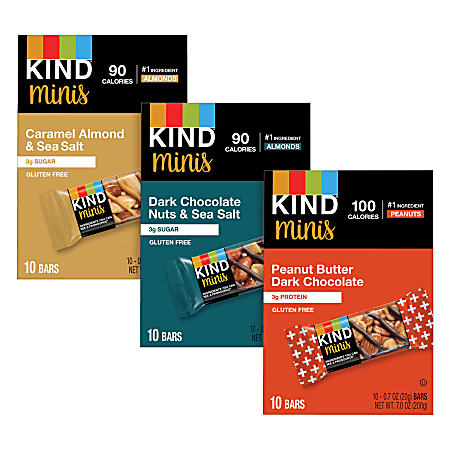 KIND Minis Variety Pack, Dark Chocolate Nuts & Sea Salt/Caramel Almond Sea Salt/Peanut Butter Dark Chocolate, 1.4 Oz, Pack Of 30 Bars