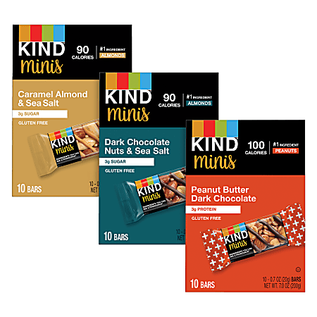 KIND Minis Variety Pack, Dark Chocolate Nuts &amp; Sea Salt/Caramel Almond Sea Salt/Peanut Butter Dark Chocolate, 1.4 Oz, Pack Of 30 Bars
