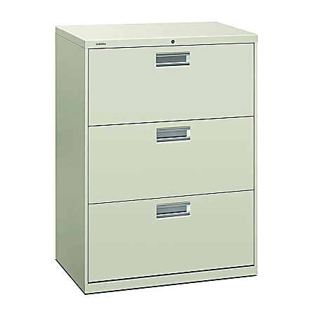 HON 600 20 D Lateral 3 Drawer File Cabinet With Lock Light Gray - Office  Depot