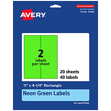 Avery® Printable Labels, 94266-NGP20, Rectangle, 11" x 4-1/4", Matte Neon Green, Pack of 40