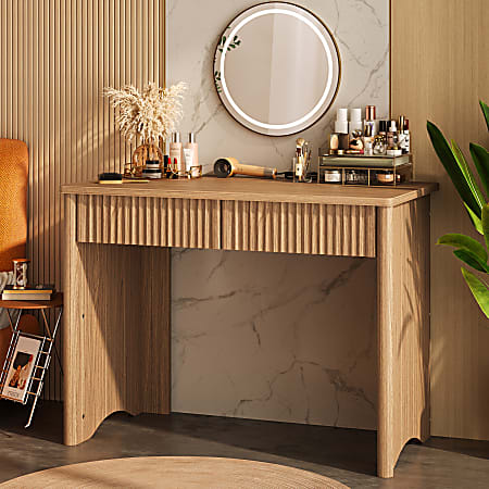 Bestier 40"W Rectangular 2-Drawer Wood Fluted Computer Desk, Brown