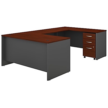 Bush Business Furniture 60"W U-Shaped Corner Desk With 3-Drawer Mobile File Cabinet, Hansen Cherry/Graphite Gray, Standard Delivery
