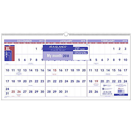 AT-A-GLANCE® 3 Months Per Page 15-Month Wall Calendar, 23 1/2" x 12", 30% Recycled, White, December 2017 To February 2019 (PM1428-18)