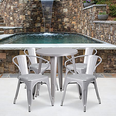 Flash Furniture Commercial-Grade Round Metal Indoor/Outdoor Table Set With 4 Arm Chairs, Silver