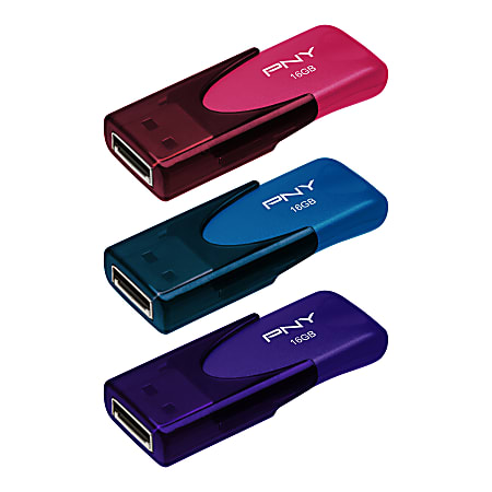 PNY Attaché 4 USB 2.0 Flash Drives, 16GB, Assorted Colors, Pack Of 3 Drives