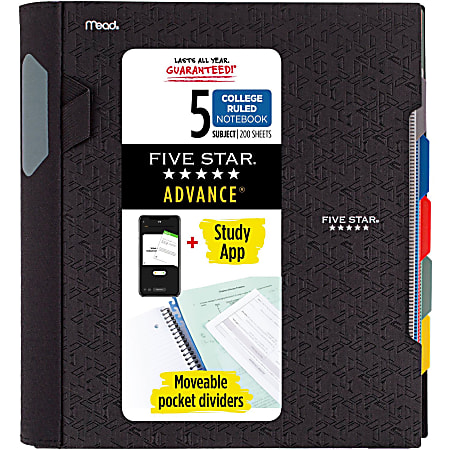 NEW OfficeMax 5 Subject Spiral Notebook ~ College Ruled ~ 4 Pockets ~ 200 Sheets 