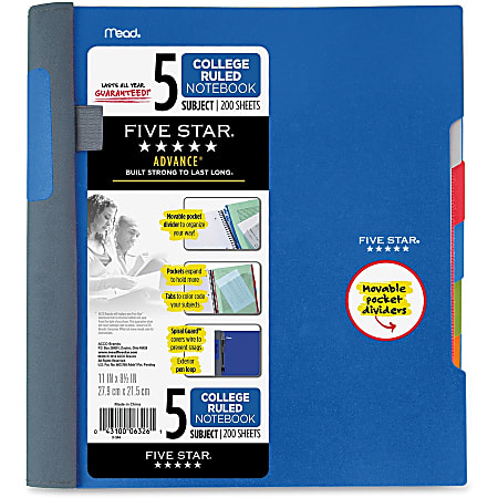 Black 11"x8.5" 200 Sheets College Ruled Mead Five Star 5 Subject Notebook 