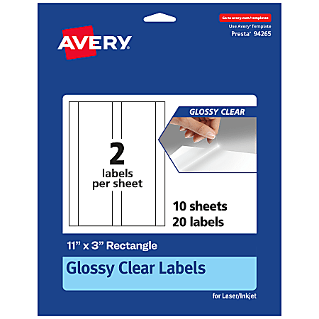 Avery® Glossy Permanent Labels, 94265-CGF10, Rectangle, 11" x 3", Clear, Pack Of 20