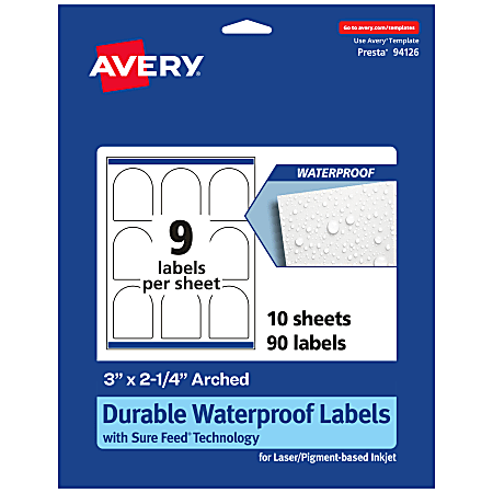 Avery® Waterproof Permanent Labels With Sure Feed®, 94126-WMF10, Arched, 3" x 2-1/4", White, Pack Of 90