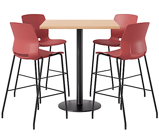 KFI Studios Proof Bistro Square Pedestal Table With Imme Bar Stools, Includes 4 Stools, 43-1/2”H x 36”W x 36”D, Maple Top/Black Base/Coral Chairs