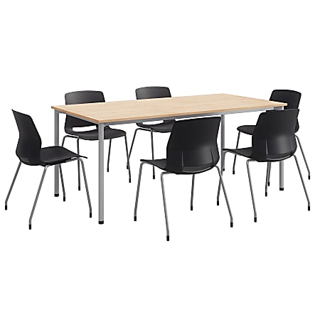 KFI Studios Dailey Table Set With 6 Poly Chairs, Natural/Silver Table/Black Chairs