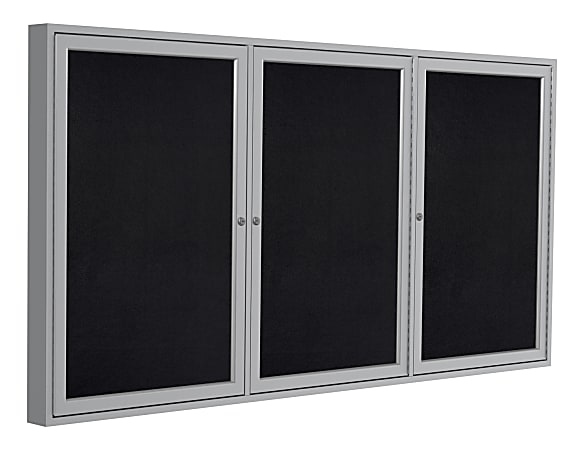 Ghent 3-Door Enclosed Recycled Rubber Bulletin Board, 48" x 96", Black Satin Aluminum Frame
