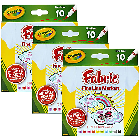 Crayola® Fine Line Fabric Markers, Assorted Colors, 10 Markers Per Box, Set  Of 3 Boxes