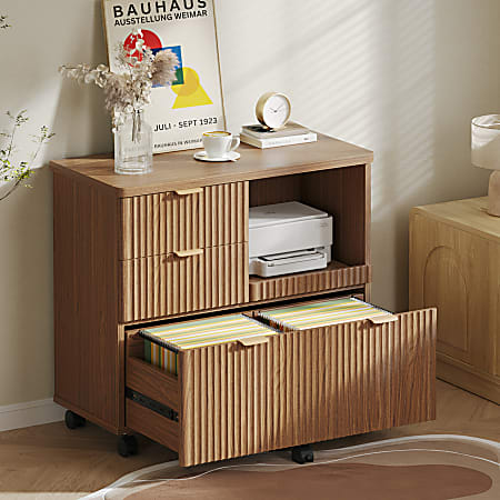 Bestier 32 3 Drawers Fluted Wood Mobile Lateral File Cabinet with