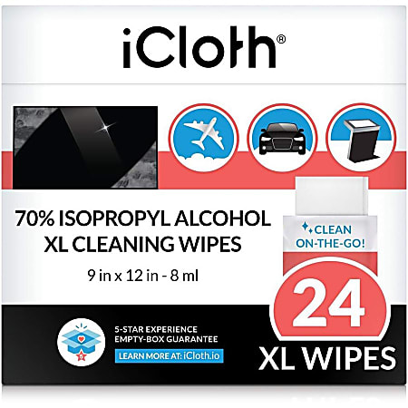 icloth 24-Pack 9 x 12-In. Extra-Large Wipes - For Aerospace, Whiteboard, Glass Door - Hypoallergenic, Low Linting, Absorbent, Soft, Individually Wrapped, Disinfectant - Fiber - 24 / Carton - 1 Carton