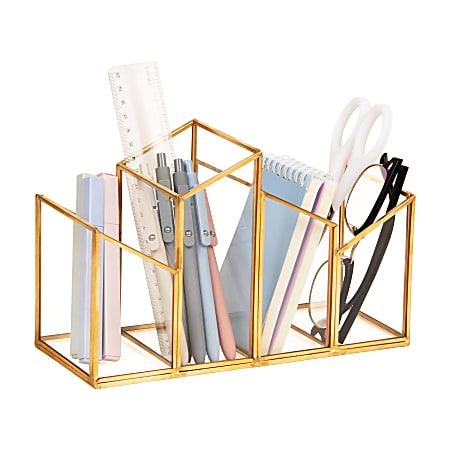 Mind Reader 4-Compartment Angled Glass Pen Holder With Copper Trim, 5-7/8"H x 9-1/2"W x 3-7/8"D, Clear, Total Quantity 1