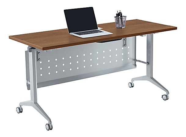 WorkPro® AnyPlace Flip-Top Nesting Training Table With Modesty Panel, 60"W x 29-1/2"H x 24"D, Walnut/Silver