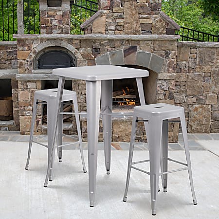 Flash Furniture Square Metal Bar Table Set With 2 Backless Stools, 40"H x 27-3/4"W x 27-3/4"D, Silver