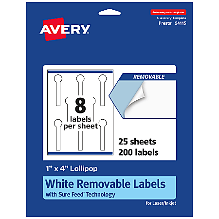 Avery® Removable Labels With Sure Feed®, 94115-RMP25, Lollipop, 1" x 4", White, Pack Of 200 Labels