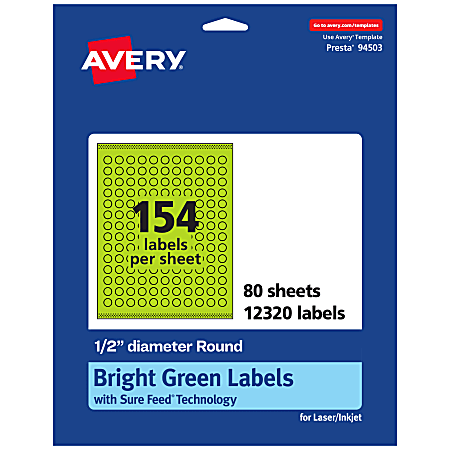 Avery® Print-To-The-Edge Labels With Sure Feed® Technology And Easy Peel® Label Feature, 94503-BGP80, Round, 1/2", Matte Bright Green, Pack of 12320