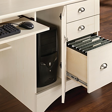 Sauder harbor view computer desk with store hutch antiqued white