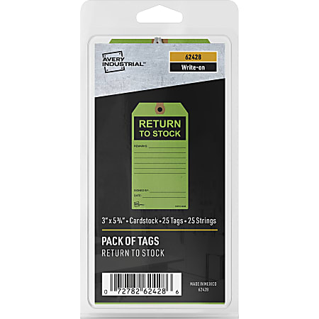 Avery® RETURN TO STOCK Preprinted Inventory Tags - 5.75" Length x 3" Width - 25 / Pack - Card Stock - Green