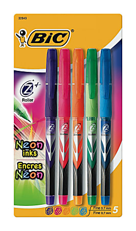 BIC® Z4™+ Semi-Permanent Ink Rollerball Pens, Fine Point, 0.7 mm, Clear Barrel, Assorted Ink Colors, Pack Of 5
